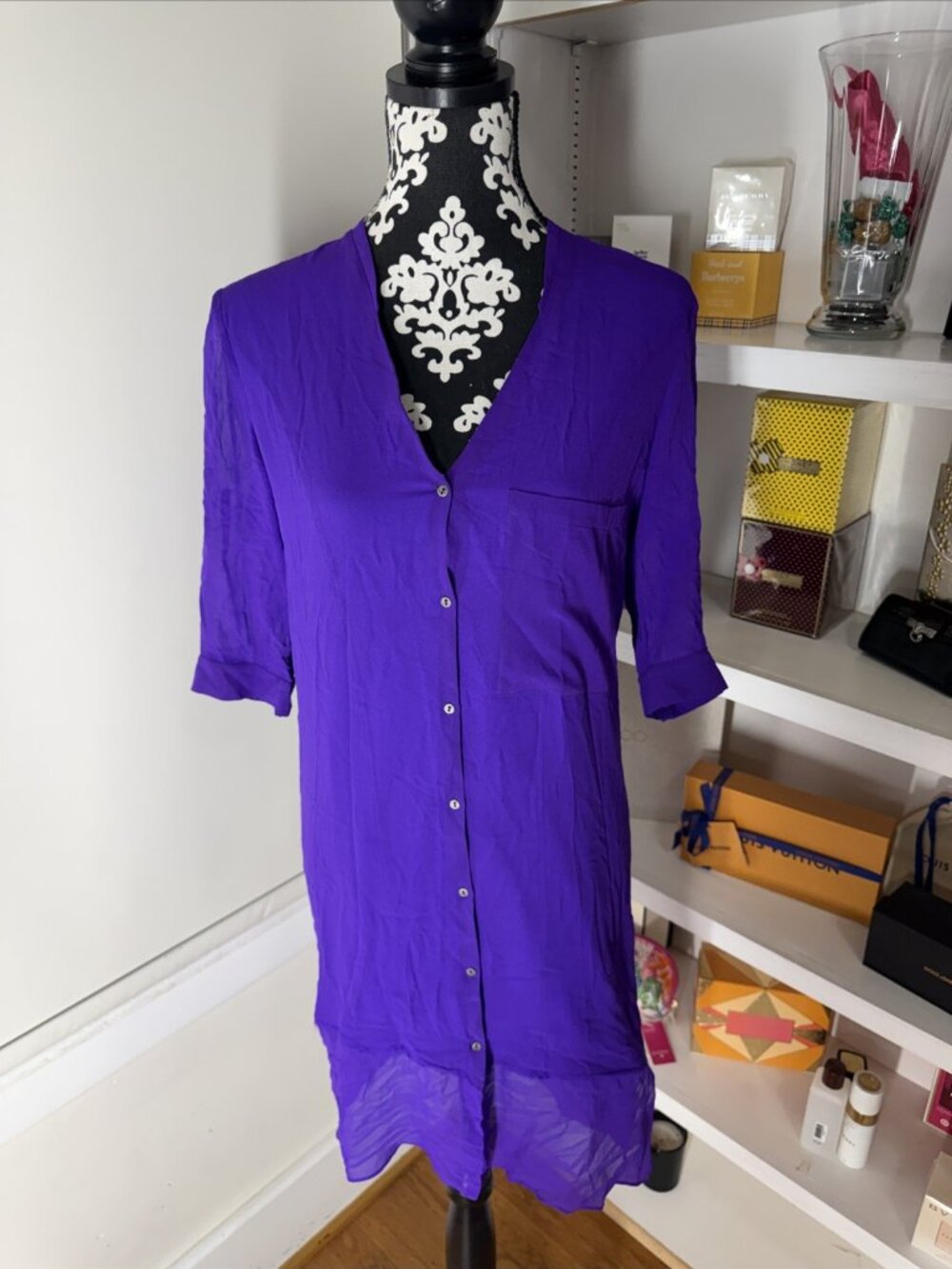 Helmut Lang Women's Purple 100% Silk shirt pocket sheer dress Sz S QUIET LUXURY
